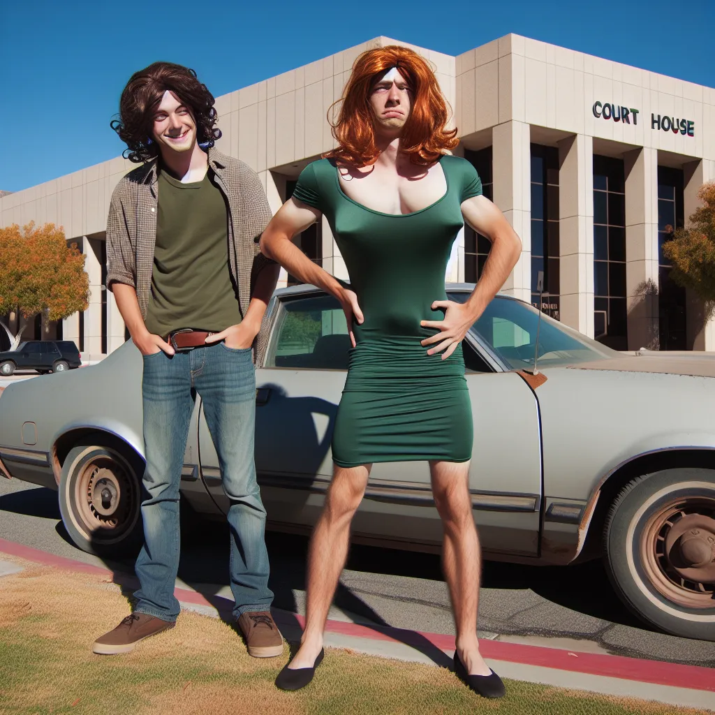A young man with long auburn hair, wearing a tight green dress and clutching his side awkwardly, stands beside a beat-up car outside a courthouse on a sunny day, while his best friend watches with a teasing smile—capturing a moment of humor, friendship, and uncertainty in a body-swap scenario.