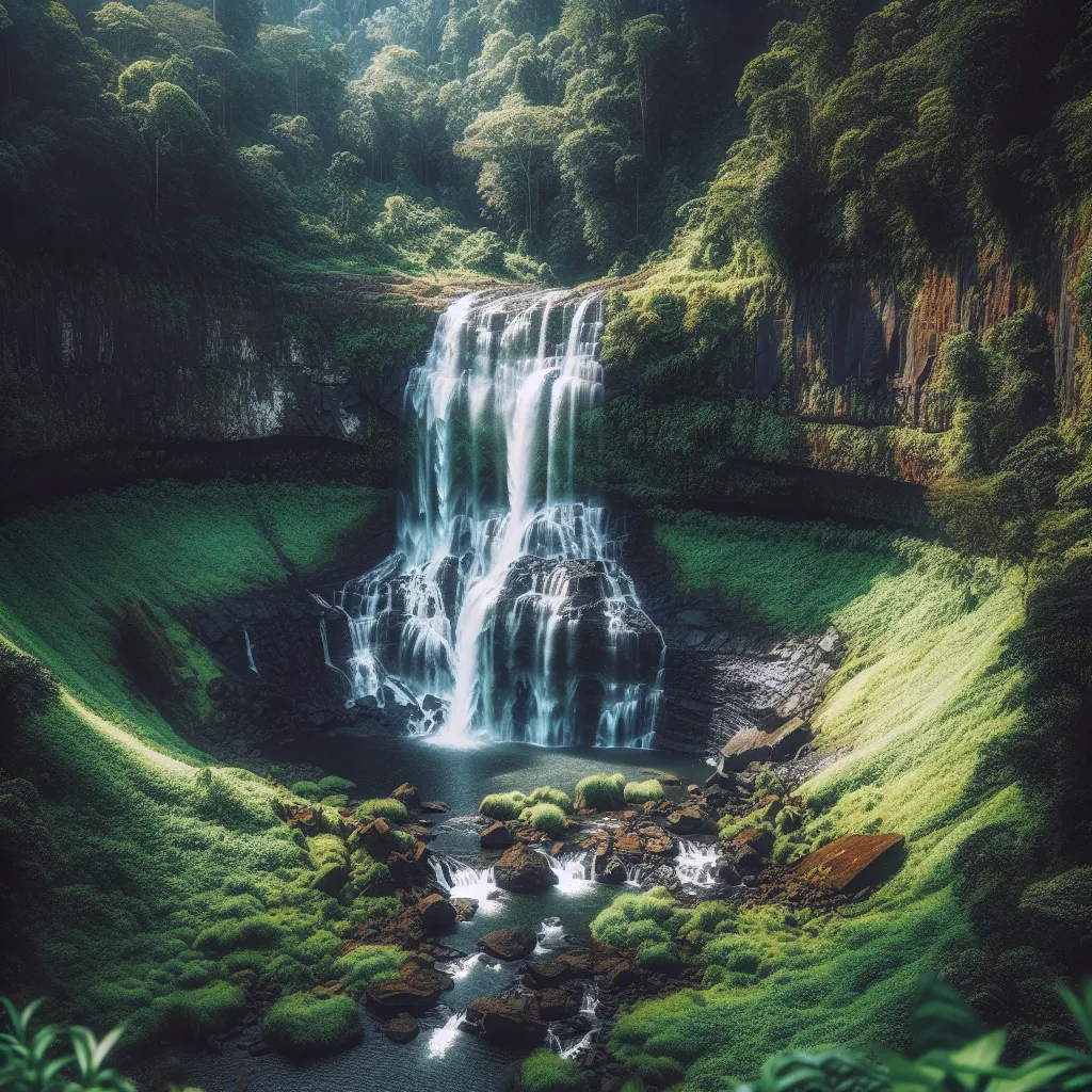 A majestic waterfall surrounded by lush green vegetation, with water cascading down into a pristine pool below.