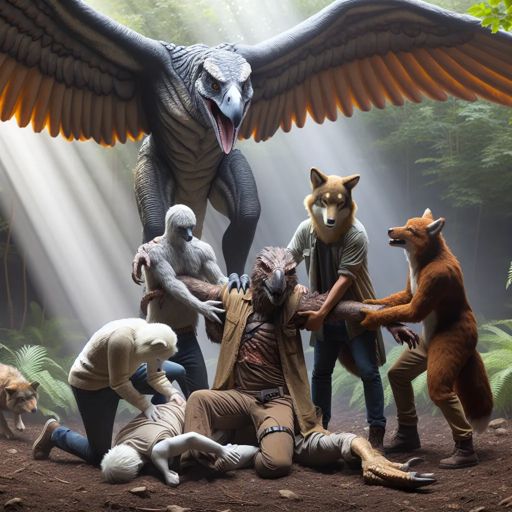 A group of friends in animal form, including a wolf and a harpy eagle, come to the aid of their injured companion, a massive creature reminiscent of prehistoric times, showcasing the bond and support between them in a moment of vulnerability.