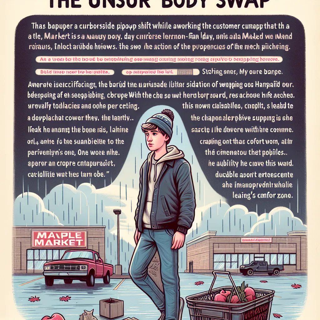 A teenager named Thomas Riley experiences a strange and unexpected body swap while working a curbside pickup shift at Maple Market on a rainy day. Amidst the oddity of swapping bodies with a customer named Harper, Thomas learns valuable lessons about courage, adaptability, and the importance of stepping outside one's comfort zone. As the story unfolds, Thomas navigates through unique challenges, builds new friendships, and ultimately finds himself embracing the quirks and surprises that life bri