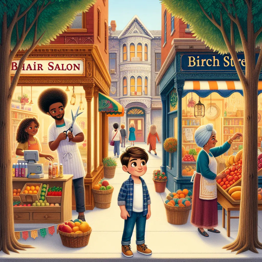 A detailed and thorough story about a boy named Oliver's enchanting adventure between a hair salon and a bustling grocery store, all set on Birch Street.