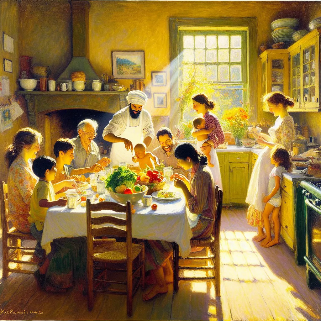 Kitchen, Lunch, Baby, Diaper, Lesson in the style of Monet