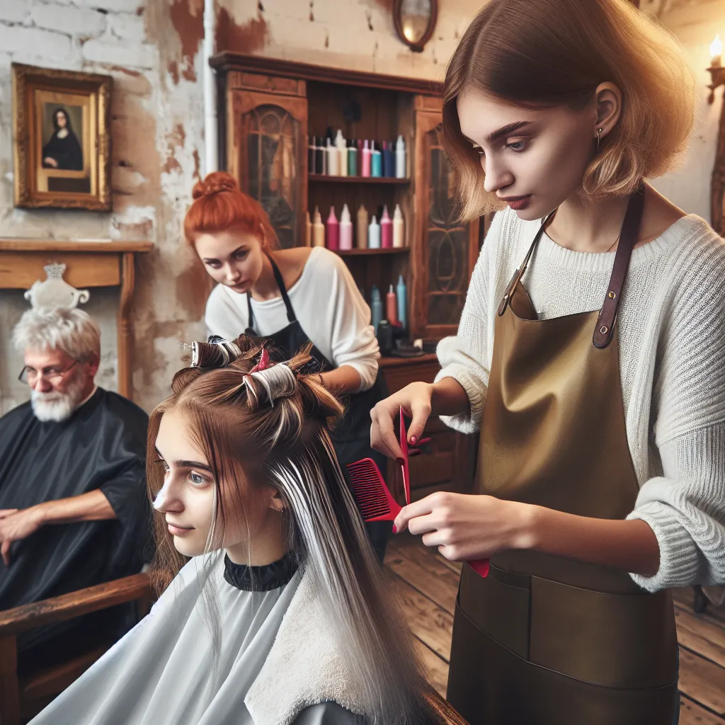 The image description for this story could be: "A Russian hairstylist skillfully trims and highlights a customer's hair in a quaint salon, while her colleagues observe the scene."