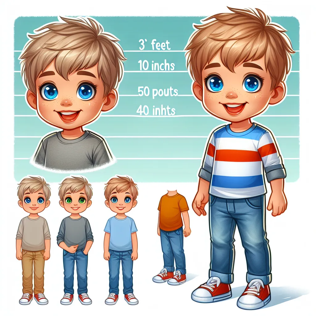 Image description: A digital illustration featuring a young boy named Billy Johnson. He is a lively six-year-old with short, messy blonde hair and vibrant blue eyes. He is wearing a shirt, jeans, and shoes, standing at 3 feet, 10 inches and weighing 45 pounds.