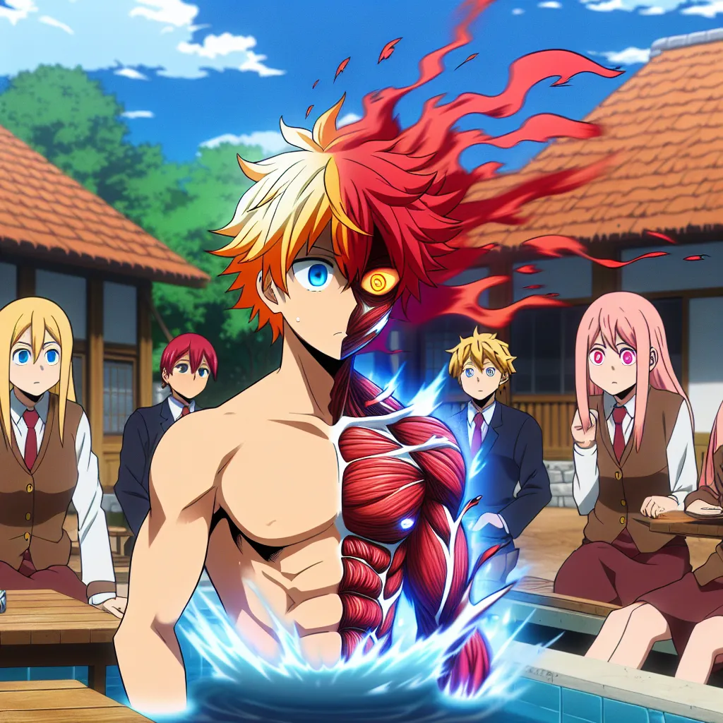 An image of Naruto Uzumaki transforming into a red-haired girl, surrounded by his friends Sakura, Ino, Tenten, and Hinata at the hot springs in Konoha. Naruto's physical appearance is changing dramatically, with his blond hair turning vibrant red, blue eyes shifting to violet, and his body reshaping into a female form. His friends appear oblivious to the transformation, while Naruto struggles to come to terms with this new reality. The scene captures a mix of confusion, acceptance, and the begin