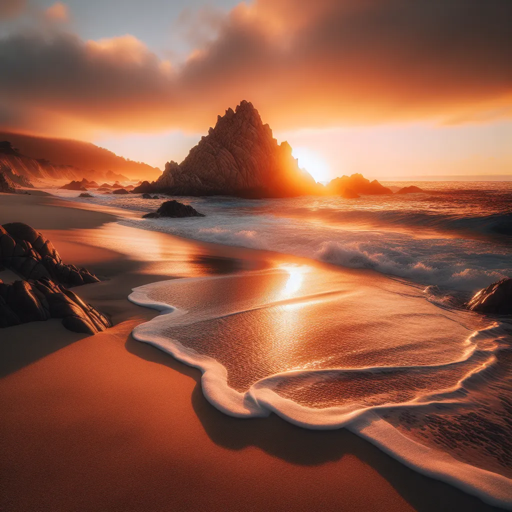 A serene beach at sunset with gentle waves crashing on the shore as the sun sets behind a rocky outcrop, casting a warm glow on the sand.