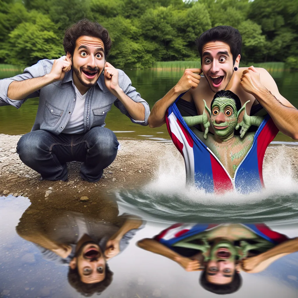 A comical image featuring two friends standing at the edge of a mysterious lake, one with a skeptical expression and the other grinning mischievously. The water ripples from a recent dive as the transformed friend emerges, now resembling the other's mother while sporting a revealing bikini. The friends engage in an amusing conversation about their unexpected predicament, with the transformed friend adjusting their bikini and the other covering their ears in disbelief.