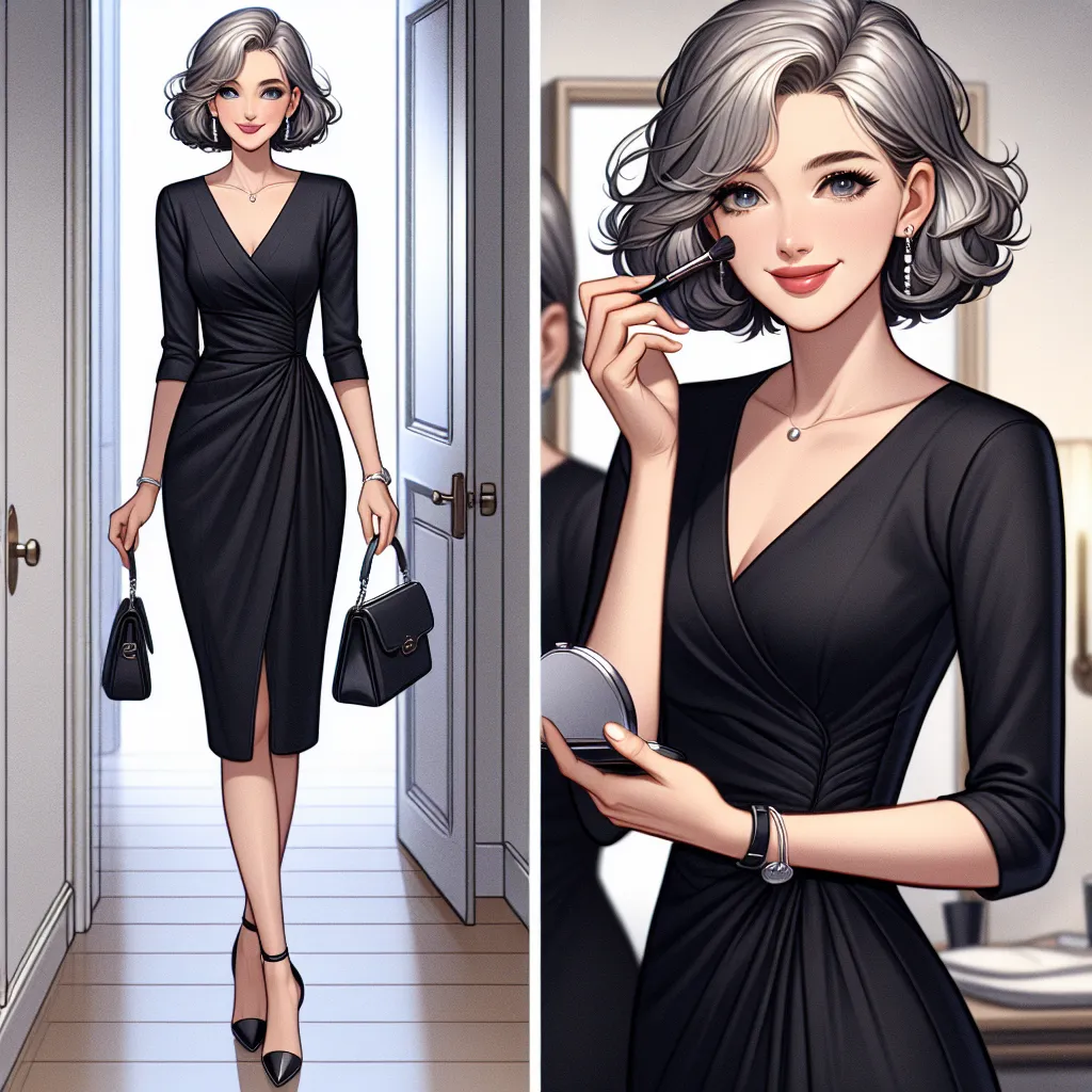 DALLE, please generate an image of a woman in her early 50s. She has shoulder-length gray hair with soft curls, gentle blue eyes, and is wearing a sleek black dress that ends just above the knees. She is wearing black stiletto sandals with thin straps that wrap around her ankles. She is holding a purse over her shoulder and is touching up her makeup with a compact mirror. She is in a hallway, standing in front of a mirror and smiling.