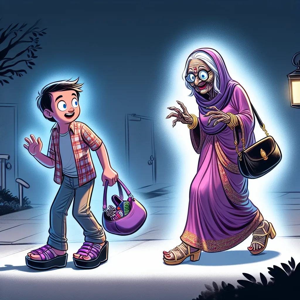 A young boy named Timmy walks home alone for the first time at night. He stumbles upon a pair of purple platform sandals and an elegant purse filled with valuable items. As Timmy picks them up, he accidentally triggers a transformation that turns him into an elderly woman. The story follows Timmy's journey as he navigates his new life, meets new people, and ultimately embraces his new identity.