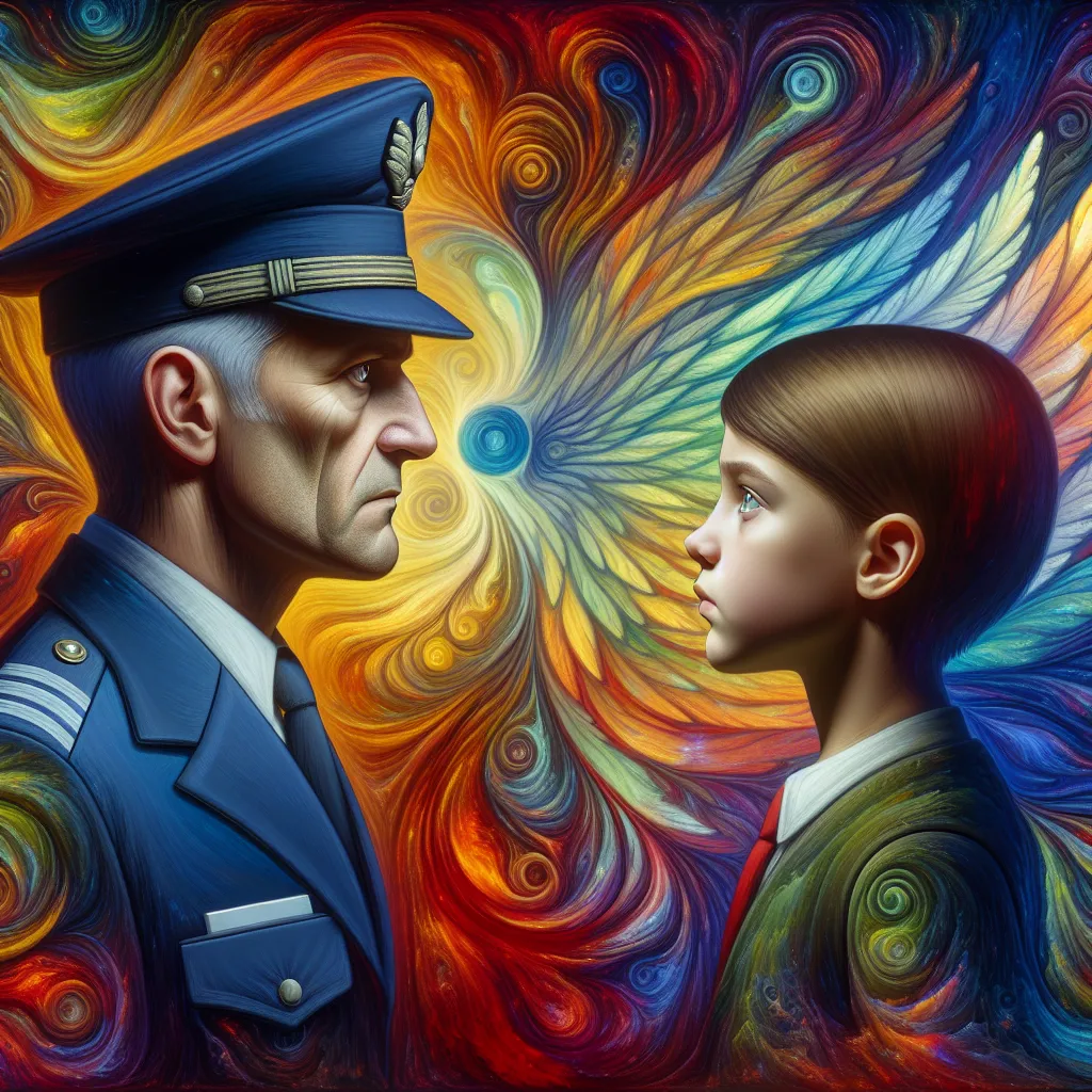 Description: The image accompanying the story is a digitally created depiction of two figures facing each other, representing the soul swap between Air Chief Marshal Trevor Maloney and Miyafuji Yoshika. One figure, representing Maloney, is portrayed as a stern middle-aged man in military attire, while the other figure, embodying Yoshika, is depicted as a young girl with short brown hair and earnest eyes. The ethereal nature of the image is emphasized through a vibrant, swirling background, symbo