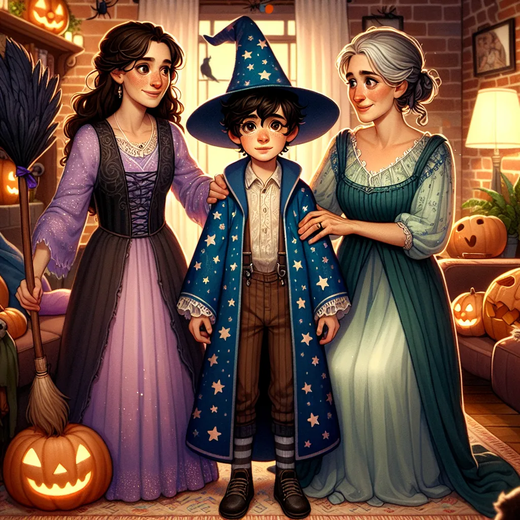 A detailed, step-by-step story follows a young boy named Oliver preparing for his first memorable Halloween with his mom Mia and grandma Judith. As they get ready in their costumes, the atmosphere is filled with anticipation until Oliver starts experiencing a strange sensation, realizing he is becoming semi-transparent to his horror.
