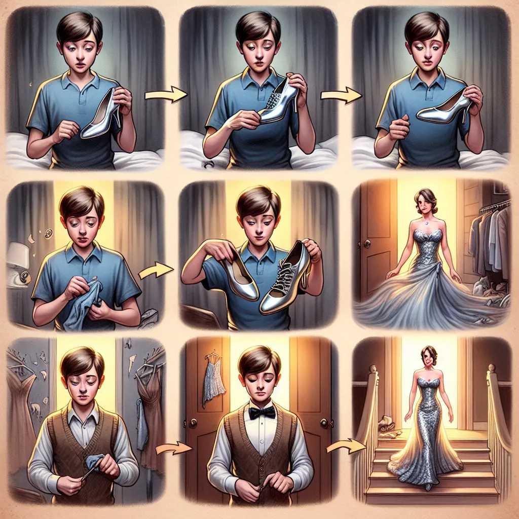 The image will depict a boy named Owen standing in Mrs. Evans' bedroom, stumbling upon a pair of silver stilettos. As he awkwardly tries them on, a magical transformation begins, gradually changing his physique to that of Mrs. Evans. The transformation showcases the detailed step-by-step process of Owen's feet morphing into petite women's feet, his legs, torso, arms, hands, face, and hair transforming to match Mrs. Evans' features. The scene captures Owen's growing distress and eventual acceptan
