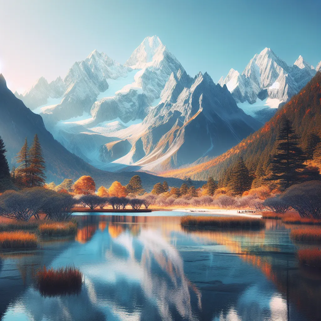 A majestic mountain landscape with snow-capped peaks and a serene, picturesque lake reflecting the vibrant colors of autumn.