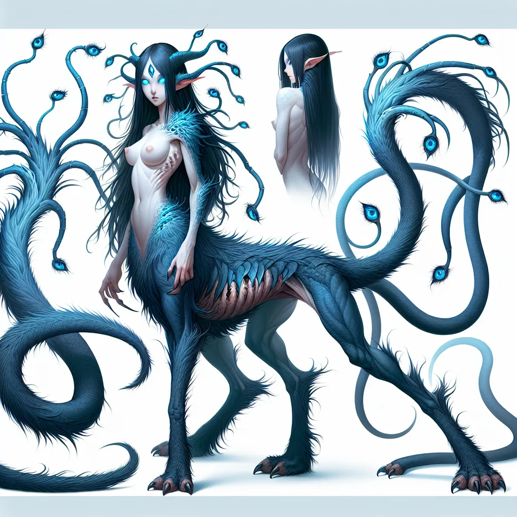 The image accompanying the story is a depiction of Stan, an Andalite warrior, in the midst of her transformation. Her body is elongated and covered in sleek, blue fur, with stalks emerging from her skull that hold the graceful eyes of an Andalite. Her feet have transformed into powerful hooves, and a long, muscular tail with a sharp blade at the tip has sprung forth. Stan's expression conveys a mix of fear, rage, and sorrow as she confronts a male Andalite, corrupted by malice and dark intention