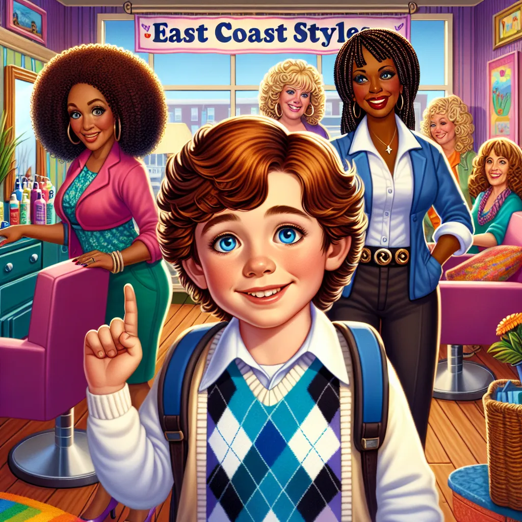 A young boy named Peter Sherman, born in Boston in 2012, is about to embark on his first salon visit with his vibrant single mom, Maggie. Peter, with his auburn hair and bright blue eyes, has his sights set on impressing Emily Carter, a girl from his kindergarten class who he has affectionate feelings for. As he enters "East Coast Styles," Peter is greeted by three charismatic women who take care of the salon. Renee Johnson, an African American woman with hazel eyes and long braids, Lillian Park