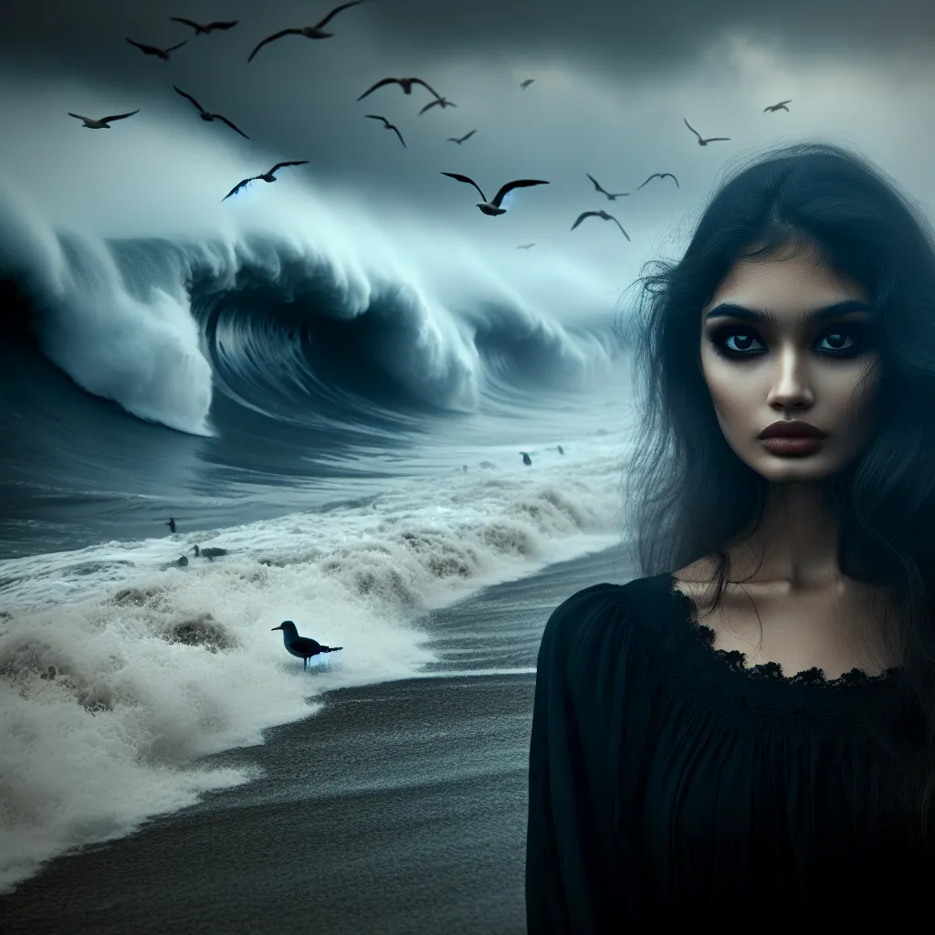 An image of a mysterious and haunting beach scene, shrouded in mist, with a young woman standing near the shoreline, her eyes gleaming with wickedness. The waves crash ominously in the background, as seagulls cry out above.