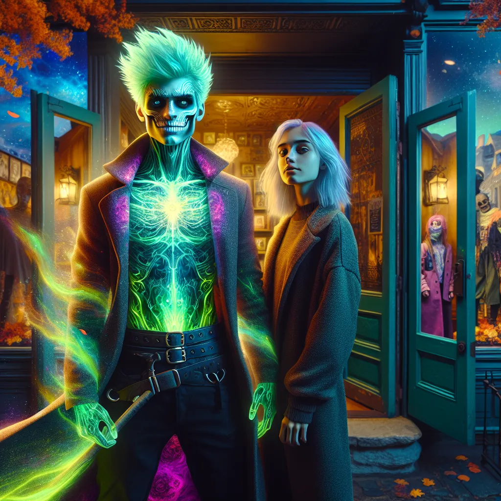 A vibrant image is generated: The image depicts a young couple standing together in the entrance of a dimly lit costume emporium. The man, now transformed into the character Jack-O from Guilty Gear, is depicted with electric green hair, a ghostly mask, and an outlandish outfit. The woman, dressed in an equally ethereal costume, stands close to him with a knowing smile. The store in the background shimmers with otherworldly energy, and an autumn landscape with swirling leaves sets the enchanted s