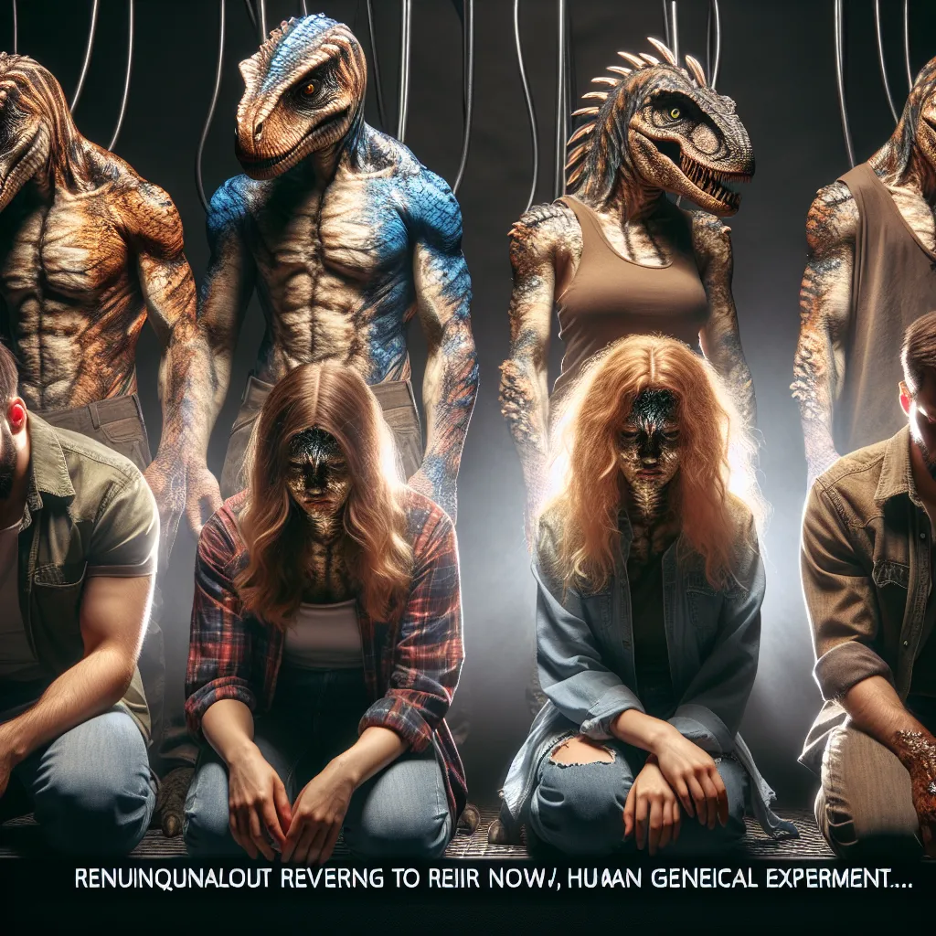 A dramatic science fiction story of metamorphosis unfolds as four friends transform into creatures resembling dinosaurs after a genetic experiment goes awry. The narrative follows their struggles, adaptations, and ultimate choice between returning to human form or embracing their new reptilian identities.