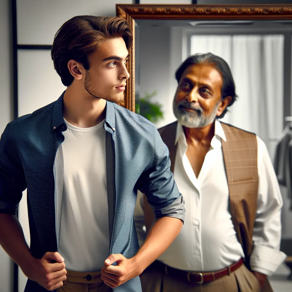 A young man named Troy stands in front of a mirror, wearing his teacher's wife's body and clothing. He strikes a pose, embracing the newfound confidence and awkward charm. In the background, Nick, Troy's teacher and the husband of the woman whose body has been temporarily swapped, watches with a mix of amusement and concern. Throughout their time in each other's bodies, they form a bond and gain a new perspective on life, discovering the excitement of youth and reflecting on the pressures and le
