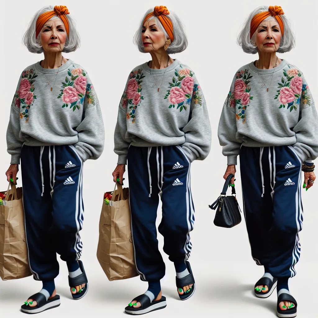 Generate an image of a woman in her late 60s, with silver-grey hair in a short bob, wearing a grey sweatshirt with floral embroidery, navy blue sweatpants with white stripes, and black flip flops with thick, cushioned straps. She has an orange headwrap and vivid, bright green nails. She is holding a bag of groceries and her purse, with a determined expression on her face.