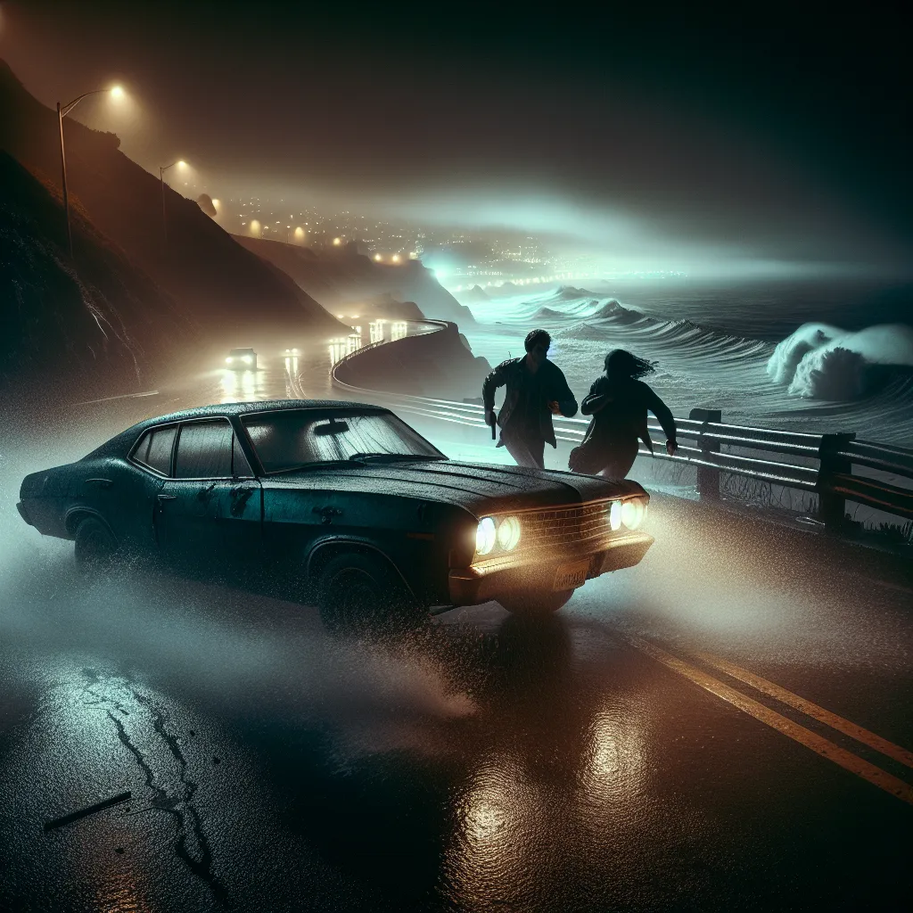 A mysterious scene unfolds as a battered sedan skids to a stop near the coast, two figures escaping into the shadows of the city. The story follows their tense journey, filled with adrenaline, danger, and unsaid words, culminating in a hidden underground hideout where secrets and confessions unravel in the darkness.
