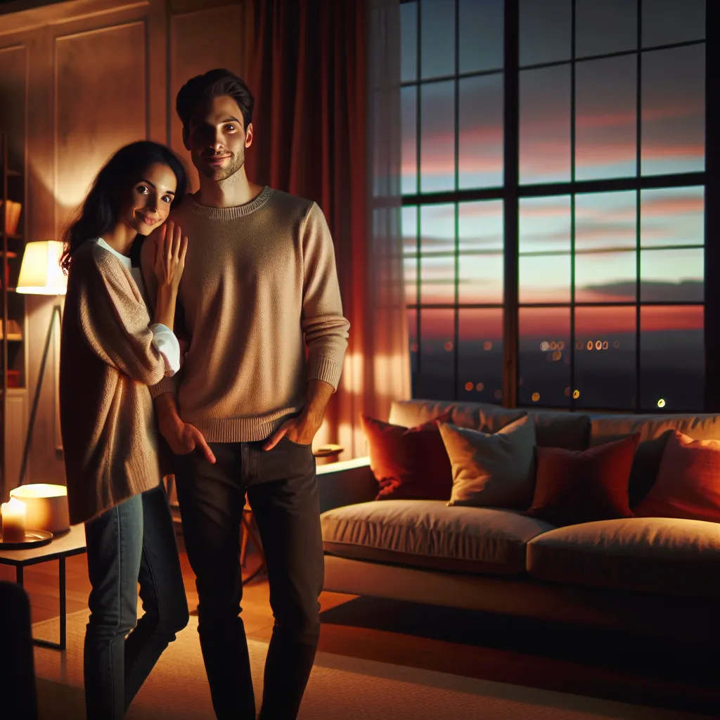 A passionate moment unfolds in a dusky living room, as a couple embraces in the soft glow of twilight.
