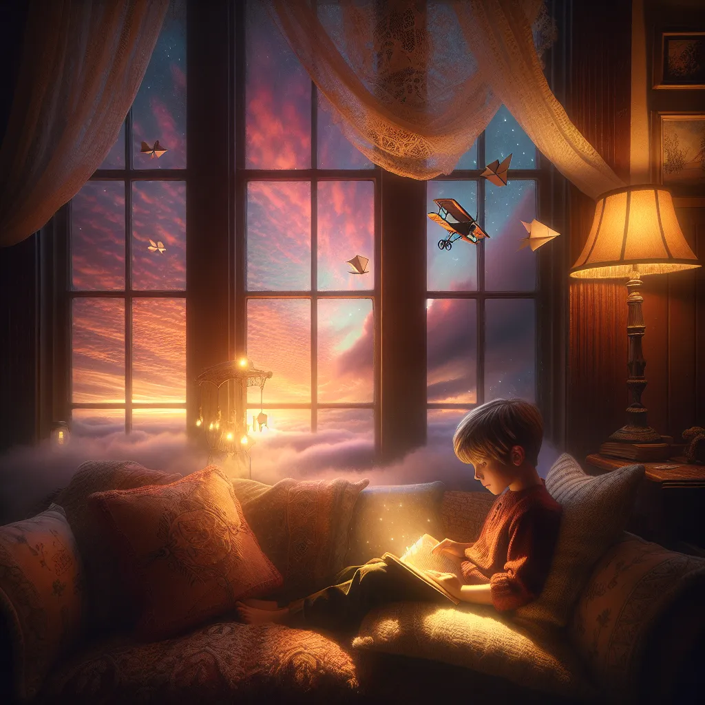 A young boy, Theo, sits on a couch in his family’s living room as a fading sunset paints the sky outside. Encased in warmth and comfort, he embarks on a poignant journey of transformation, love, and the blend of childhood and adulthood in a mysterious and magical evening.