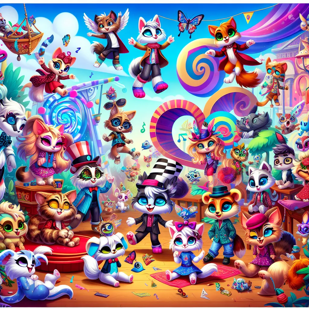A colorful, whimsical illustration capturing the chaotic hypnosis prank orchestrated by Trip Hamston in the world of Paw-Tucket with Littlest Pet Shop characters Jade, Roxie, Bev, Edie, and Quincy getting swept up in the hilarious antics.