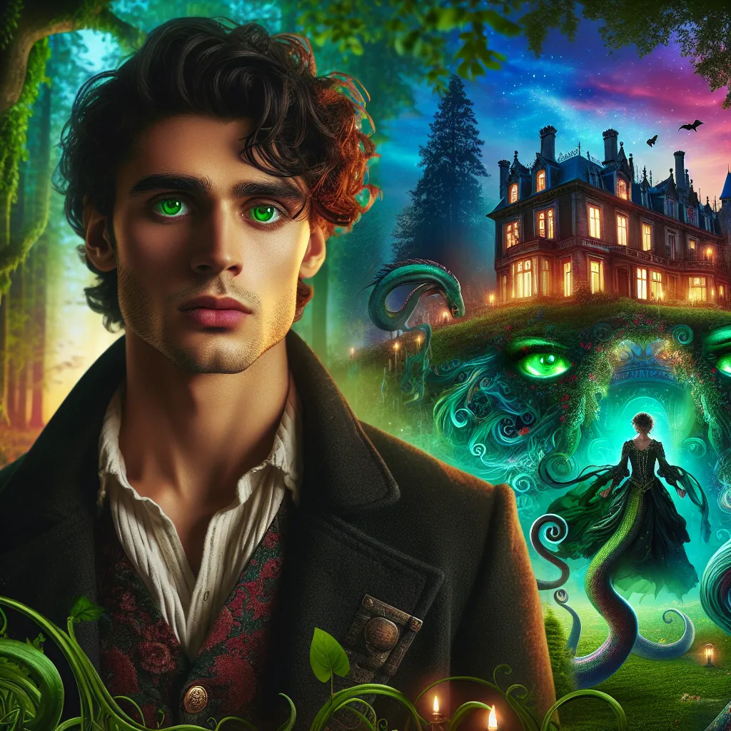 Description: An image depicting a young man with striking green eyes and curly dark hair in medieval-inspired clothing. He stands in an eerie, vibrant forest illuminated by a mysterious glow. In the background, the infamous Salvatore house from "The Vampire Diaries" is visible. The image captures the protagonist's transformation into Damien Serpens, an immortal Gorgon, as he embarks on a journey to alter the fate of Mystic Falls and find love with his favorite character, Elijah Mikaelson.