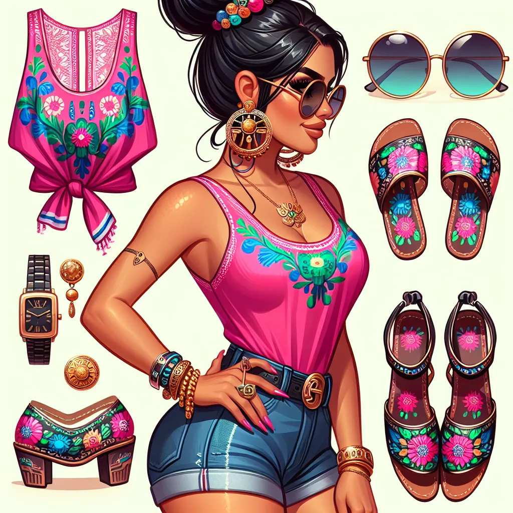 A colorful image of Fernanda Lopez, a confident woman with long black hair styled in a bun, wearing a bright pink tank top with green and blue floral patterns, denim shorts, and traditional Mexican handmade leather sandals. She is accessorized with large round sunglasses, gold hoop earrings, a gold watch, a silver bracelet, a pearl necklace, and a small ankle bracelet. Fernanda stands with a proud posture, showcasing her vibrant personality and embracing her new identity.