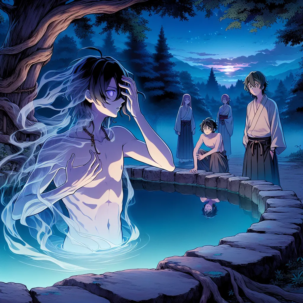 A fantasy horror scene at twilight where Naruto undergoes a mysterious and unsettling transformation into a female form, with his friends oblivious to the supernatural horror unfolding around them at the hot springs.