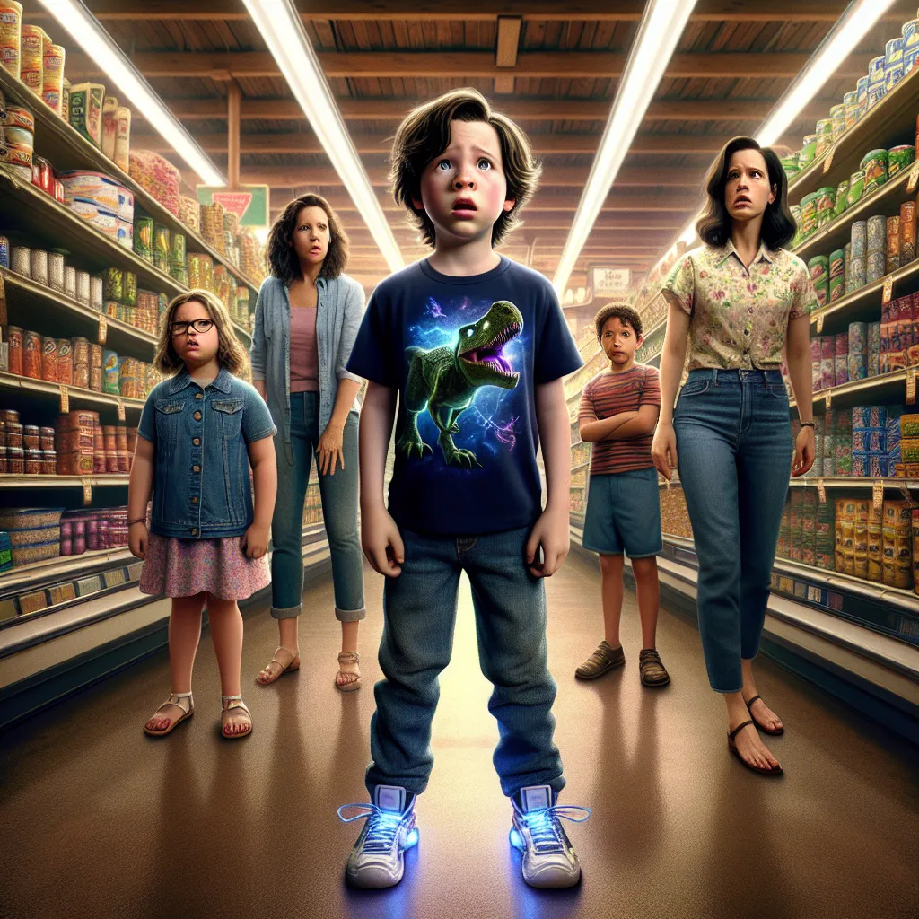 The image for this story could feature a young boy named Caleb, dressed in a navy blue t-shirt with a luminous dinosaur print, faded jeans, and light-up shoes standing in a bustling grocery store aisle, looking confused and slightly scared. Around him, a family of three sisters and their mother can be seen, with the eldest sister, Lily, looking directly at Caleb with a mix of annoyance and concern. This depiction captures the moment when Caleb, through a strange twist of fate, has swapped bodies