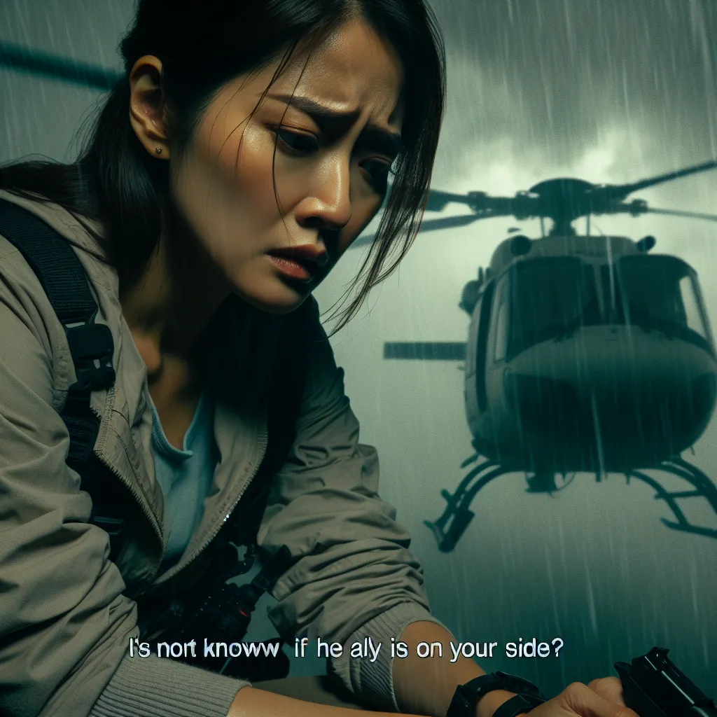 A tense moment in a crime story as Lee grapples with betrayal and uncertainty during a helicopter escape, unsure of her ally's true intentions.