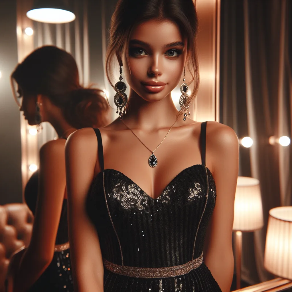 A confident young woman named Jasmine, dressed in a sparkly black mini-dress and strappy clubbing sandals, confidently poses in front of a mirror. She wears dangling earrings, a pendant necklace, and other stylish accessories. The club lights reflect off her glossy hair as she prepares for a night of dancing and fun.