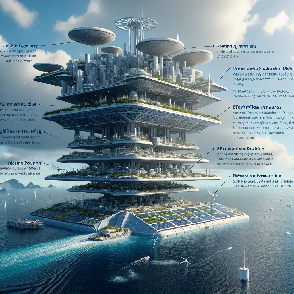 In the image, Aquatropolis, the oceanic megacity, is depicted as a colossal floating city sailing on the ocean. The city is built on a self-floating platform made of advanced buoyant materials, ensuring stability and resilience. The image showcases the city's ability to withstand extreme weather conditions, such as hurricanes and tsunamis, while maintaining the safety of its residents and infrastructure. The materials used are eco-friendly, promoting environmental harmony and protecting marine l