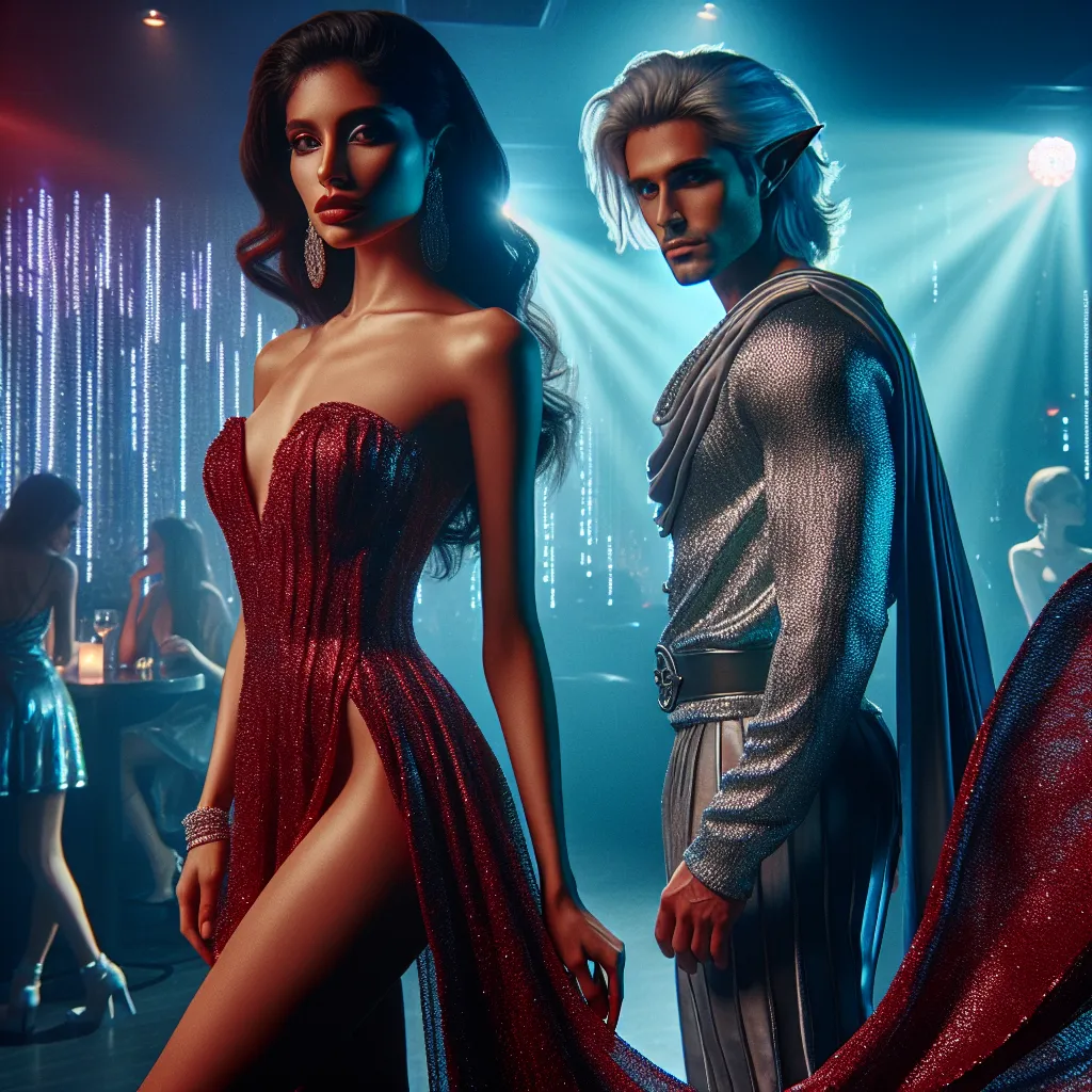 This image would feature a mysterious and romantic scene in a dimly lit club, capturing the tension between two characters: a striking woman in a shimmering red dress and a beautiful, broken-hearted elf. Their gazes meet across the room, surrounded by the vibrant lights and pulsating music of the venue.