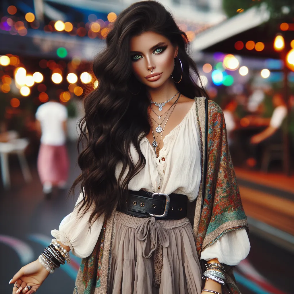 An image representing a confident young woman in her early twenties, with long wavy black hair, green eyes, and flawless makeup, dressed in a tight leather mini-skirt, a crop top, a sequined shawl, stacked bracelets, large hoop earrings, a sparkling choker necklace, an anklet with charms, and metallic gold strappy high-heeled sandals, standing in a vibrant club with colorful lights and energetic dancing in the background.