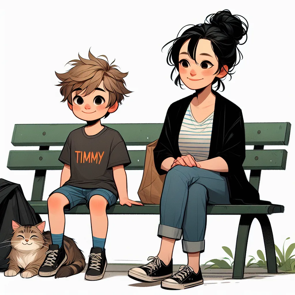 The image accompanying this story could be a depiction of Timmy, Patricia, and Whiskers sitting together on a park bench. Timmy could be shown as a young boy with messy sandy brown hair, wearing a t-shirt and jeans. Patricia could be depicted as a middle-aged woman with black hair tied up in a bun, wearing comfortable clothes. Whiskers, the cat, could be shown curled up next to Patricia. The scene should convey a sense of warmth, contentment, and the bond between family and pets.