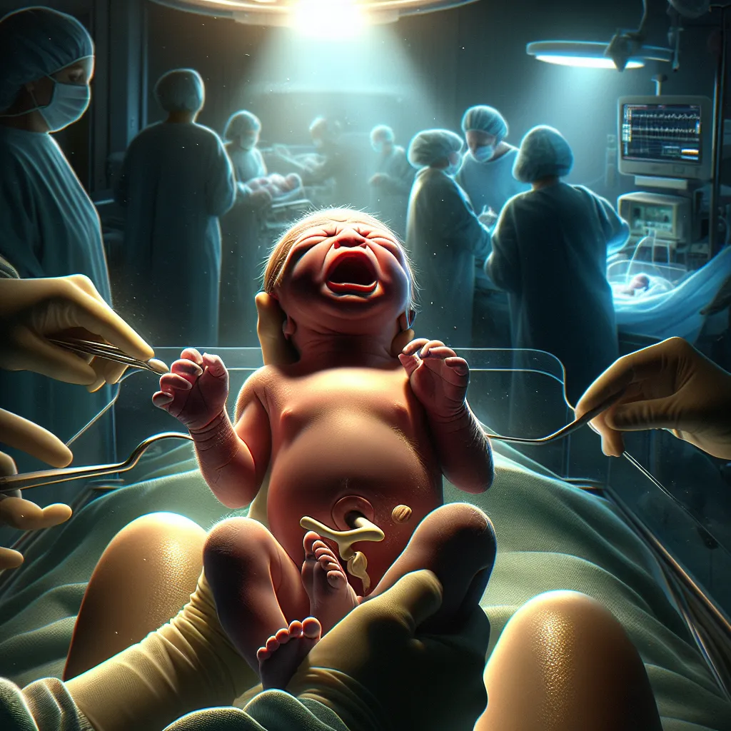 A newborn baby emerges into the world, surrounded by dimly lit, sterile surroundings. The baby experiences the harsh light, chilling air, and the weight of gravity for the first time. His delicate eyelids shield him from the intensity, but he senses the shadows of shapes and movement. With a primal reflex, he takes his first breath, releasing a powerful scream that signifies his arrival. The cries echo through the room, connecting him to his mother and humanity. As the cries subside, he is cradl