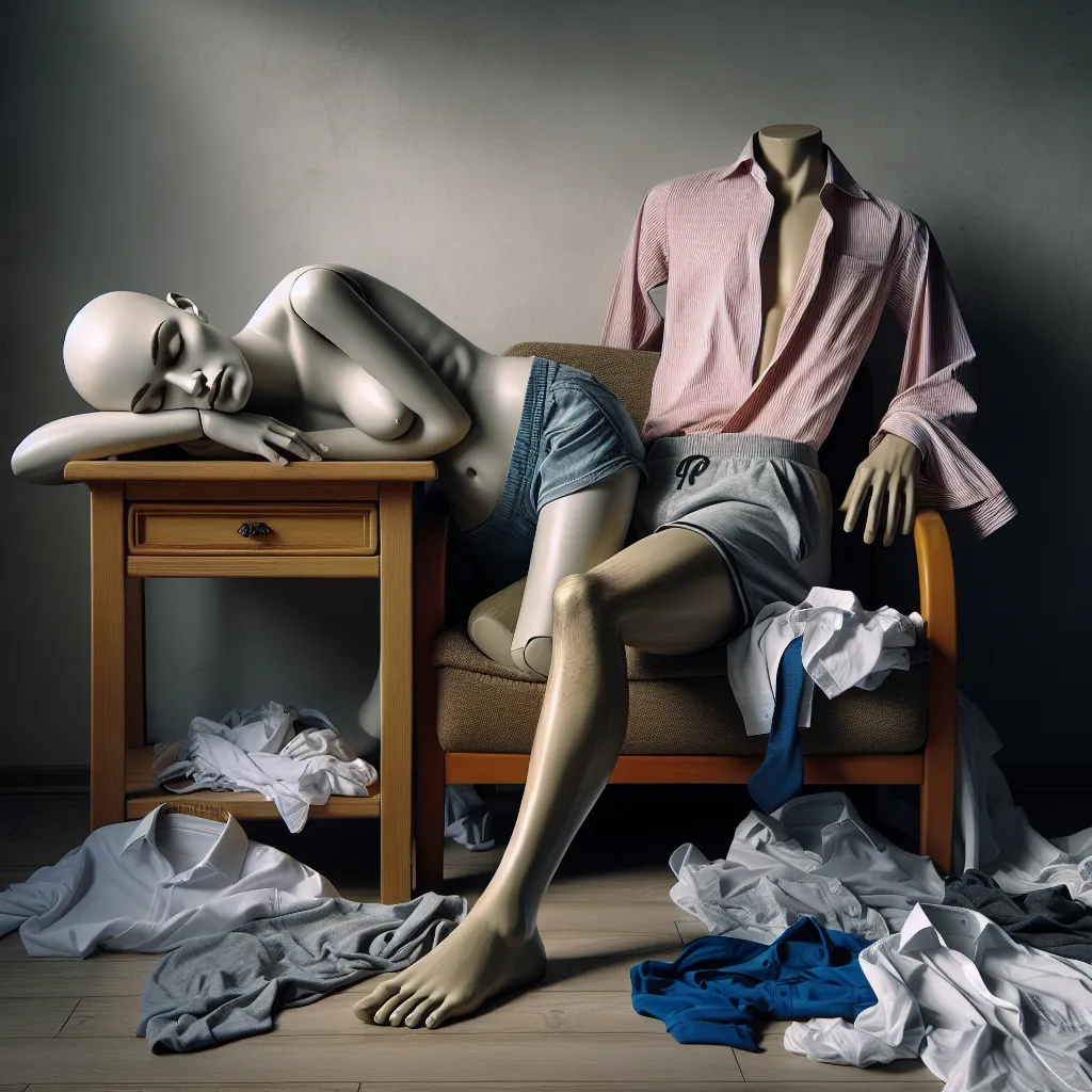 The image accompanying this story should depict a surreal scene. It should show a detached head on a nightstand, peacefully sleeping with closed eyes. The rest of the body should be seen in a separate part of the image, dressed in boxers and appearing to be dressing and undressing, dropping discarded shirts on the floor. The atmosphere should convey a sense of mystery and confusion, hinting at the unusual nature of Restless Body Syndrome.