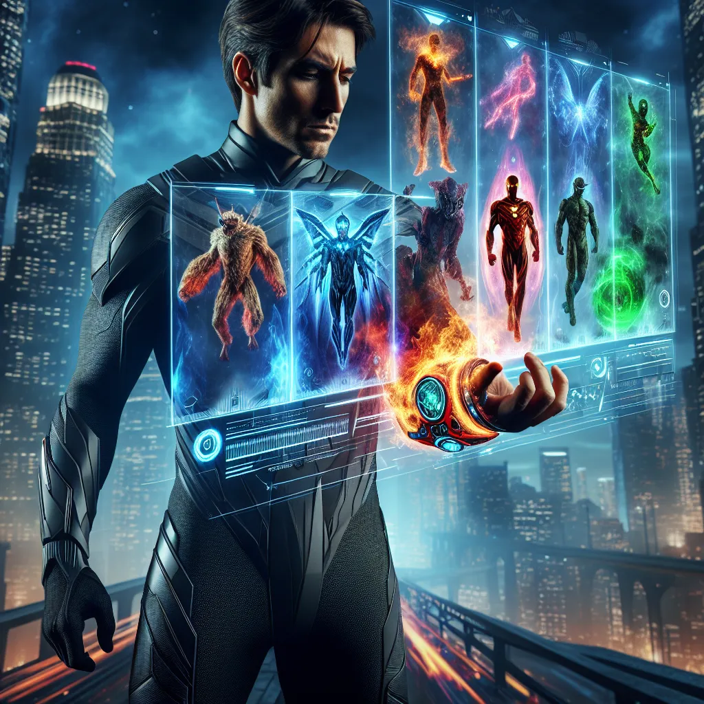 A colorful and dynamic image featuring the protagonist of the story, Angel Quinteros, as the Galactic Guardian of New Angeles. Angel is shown wearing the Omnitrix on his wrist, with holographic alien forms displayed in front of him. The image showcases Angel's various alien transformations, such as Fourarms, Heatblast, XLR8, and Upgrade. The futuristic backdrop of New Angeles with its towering skyscrapers and neon lights adds to the science fiction atmosphere. The image captures the heroism, pow