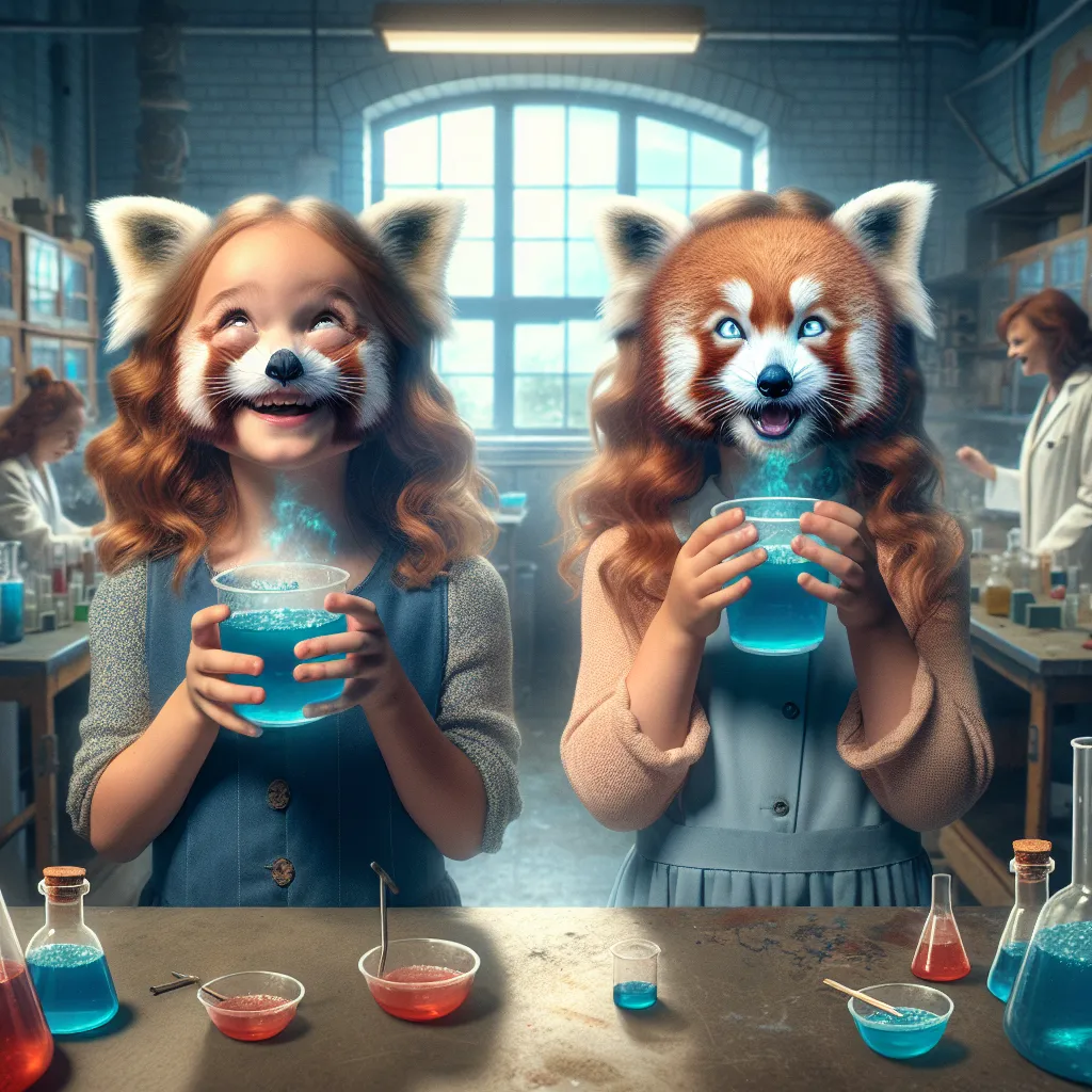 Description: Two young girls, Lizzy and Emma, stand in an abandoned chemistry lab. They hold small cups filled with blue liquid, ready to embark on an adventure. As they consume the mysterious potion, their bodies undergo incredible transformations. Lizzy turns into an endearing red panda girl, while Emma becomes a vibrant red and white creature with bushy fur. Their mothers join them, also transformed into majestic half-red pandas. Laughter and excitement fill the air as their newfound abilitie