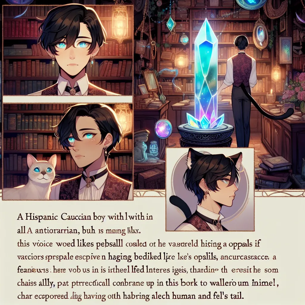 Description: A young boy with black hair stands in a dimly lit shop, surrounded by antique books and artifacts. A shopkeeper, with eyes that shimmer like opals, guides him to a pedestal holding an iridescent crystal. Days pass, and the boy's voice becomes feminine and he grows feline ears. Eventually, he wakes up with a sleek cat's tail. His transformation is a convergence of science and magic, and he embraces his newfound identity as a unique blend of human and feline. The mysterious wonders of