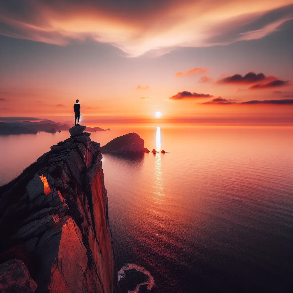 A serene sunset scene with a lone figure standing on a cliff, overlooking a vast ocean.