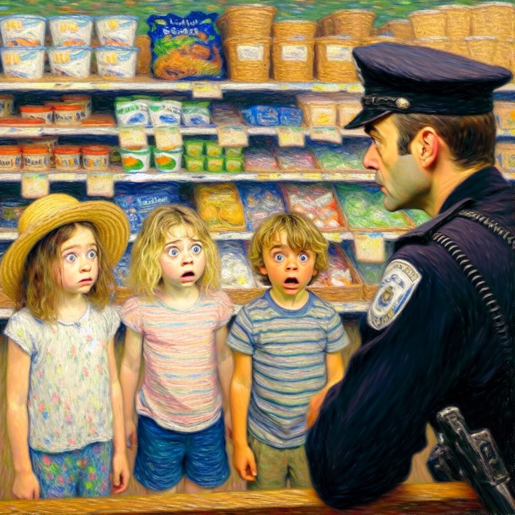 Timmy, Chloe, Body swap, Grocery store, Police officer in the style of Monet