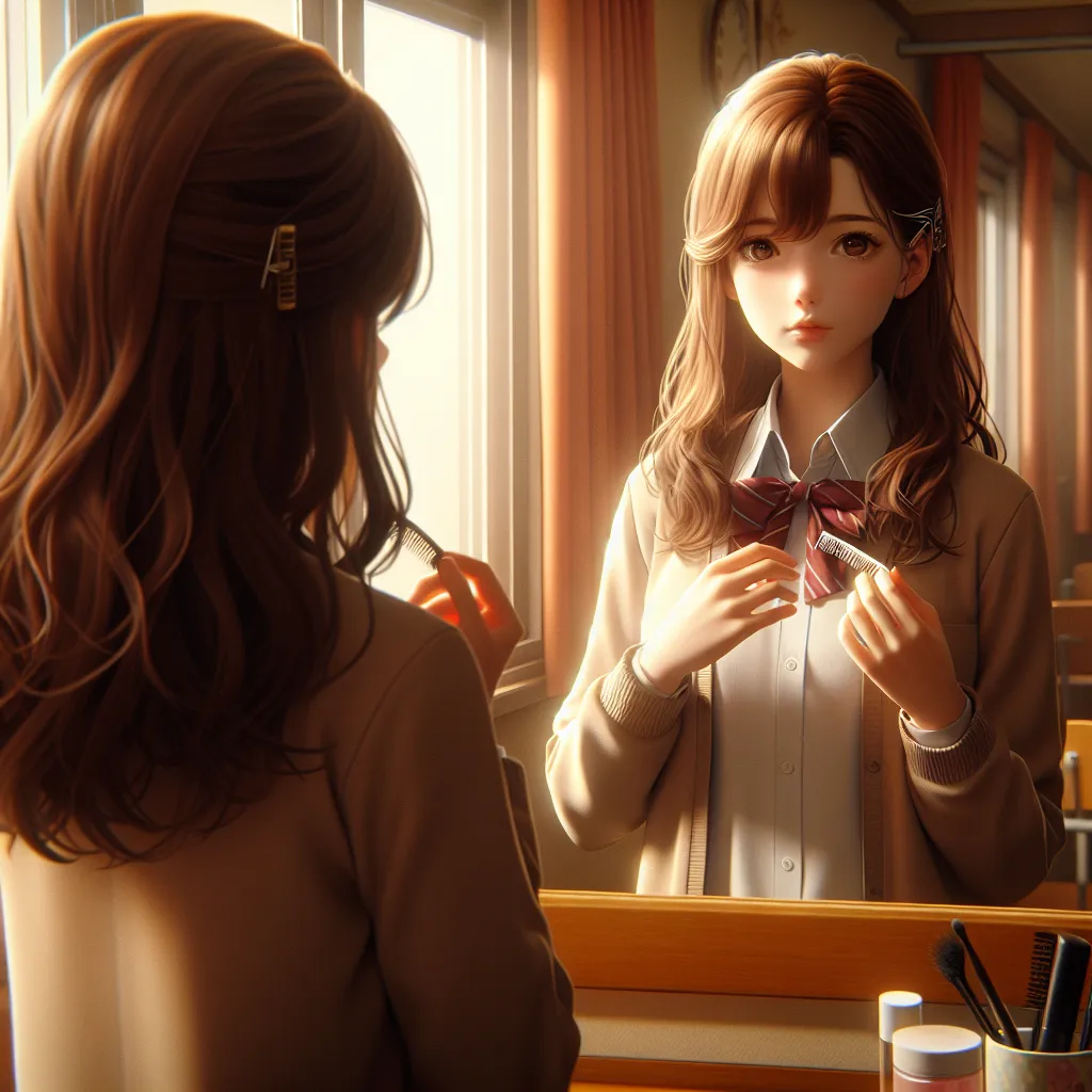 Title: "The Unseen Struggle: Kamijou Touma's New Identity as Misaka Mikoto"
Genre: Biographies

Description: In the image, a young girl with chestnut hair and delicate features stands in a lantern-lit dormitory room. She wears a school uniform and holds a hair clip, her reflection visible in the window. The image captures the internal struggle and challenges faced by Kamijou Touma, now living as Misaka Mikoto, as she navigates school life while concealing her true identity. The image evokes a se