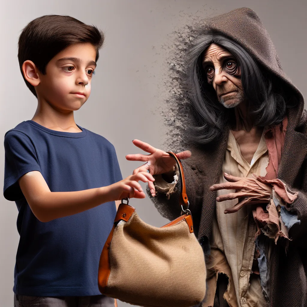 An image of a 7-year-old boy transforming into a homeless, mentally ill woman, holding a purse and wearing torn clothing.