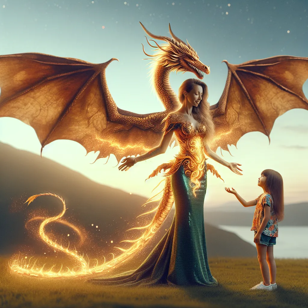 A young mother named Mei undergoes a magical transformation into an anthro dragoness, adorned with golden scales, majestic wings, and a radiant fiery mane. Embracing the dawn of the New Chinese Year of the Dragon, Mei stands atop a grassy hill with her curious daughter by her side, ready to welcome the blessings and endless possibilities of this extraordinary year.