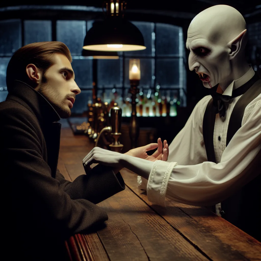 Title: "Sanguine Sanctuary: A Tale of Mercy and Shadows"
Genre: Horror

A vampire, gaunt with hunger, seeks mercy in a bar owner's outstretched wrist. The exchange of blood leads to an unexpected act of kindness, forging a bond between predator and prey in the hushed sanctuary of the club.