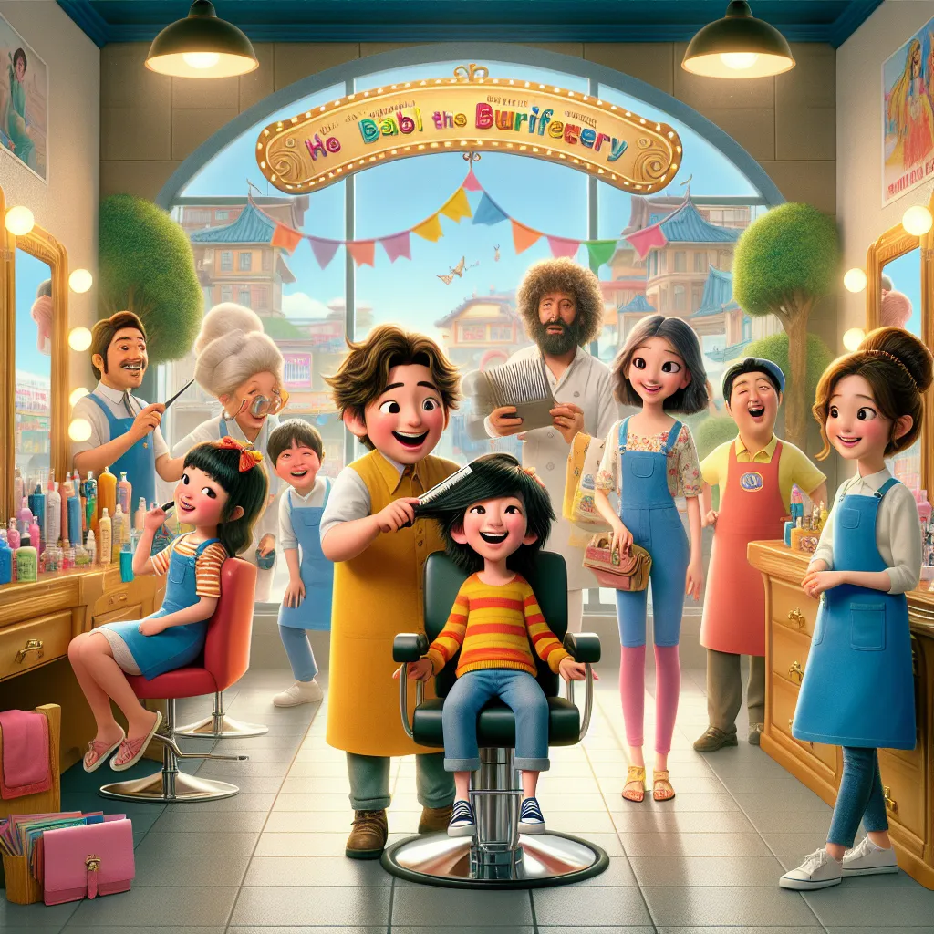 A whimsical scene at a bustling Korean salon where 7-year-old Alex embarks on an unexpected adventure, leading to a surprising transformation with Min-hee and her friends.